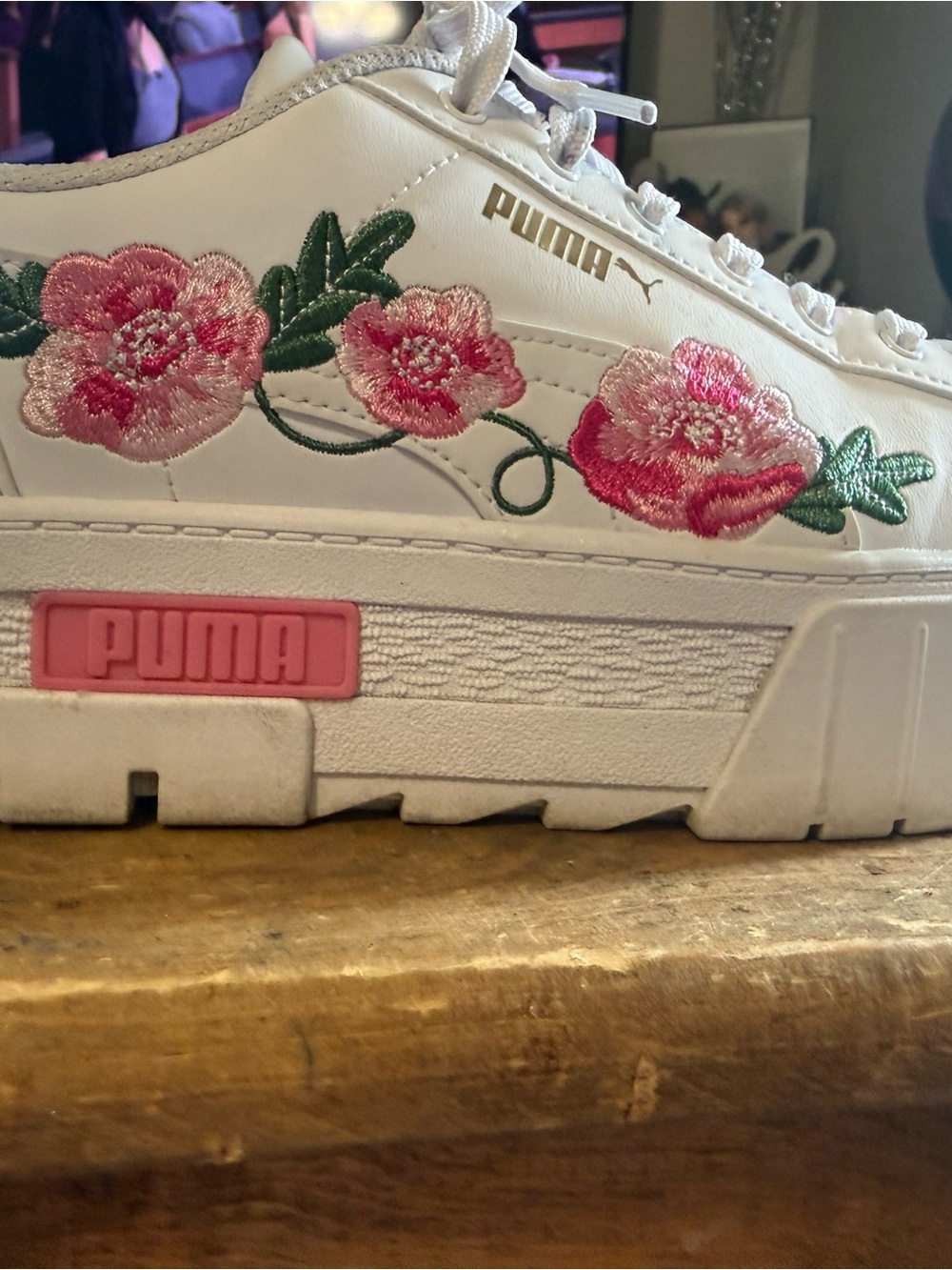Puma Platform White Sneakers with Pink Floral Embroidery 8.5